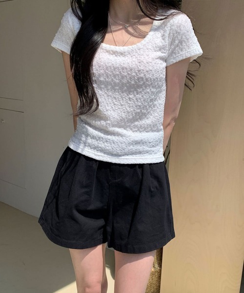 NANAHACHI（ナナハチ）の「ポコポコ シアー半袖トップス（Tシャツ/カットソー・レディース・アイボリー/ブラック/クリーム・FREE）」の13枚目の写真