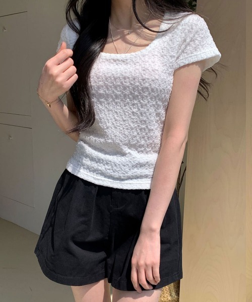 NANAHACHI（ナナハチ）の「ポコポコ シアー半袖トップス（Tシャツ/カットソー・レディース・アイボリー/ブラック/クリーム・FREE）」の4枚目の写真