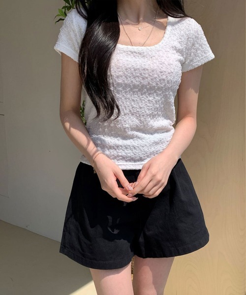 NANAHACHI（ナナハチ）の「ポコポコ シアー半袖トップス（Tシャツ/カットソー・レディース・アイボリー/ブラック/クリーム・FREE）」の14枚目の写真