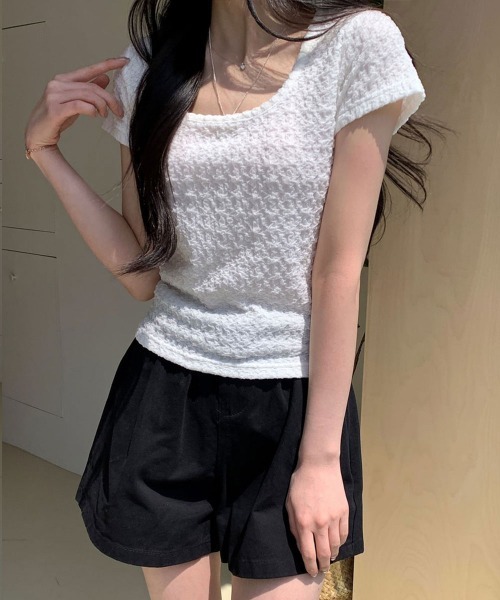NANAHACHI（ナナハチ）の「ポコポコ シアー半袖トップス（Tシャツ/カットソー・レディース・アイボリー/ブラック/クリーム・FREE）」の15枚目の写真
