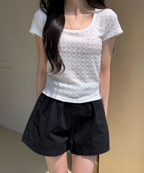 NANAHACHI（ナナハチ）の「ポコポコ シアー半袖トップス（Tシャツ/カットソー・レディース・アイボリー/ブラック/クリーム・FREE）」の5枚目の写真