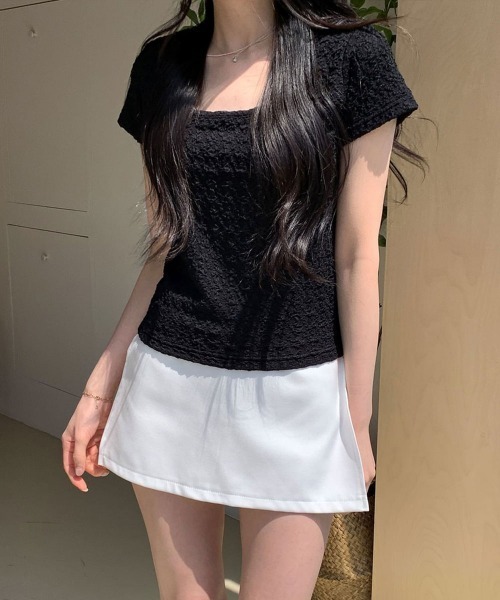 NANAHACHI（ナナハチ）の「ポコポコ シアー半袖トップス（Tシャツ/カットソー・レディース・アイボリー/ブラック/クリーム・FREE）」の18枚目の写真