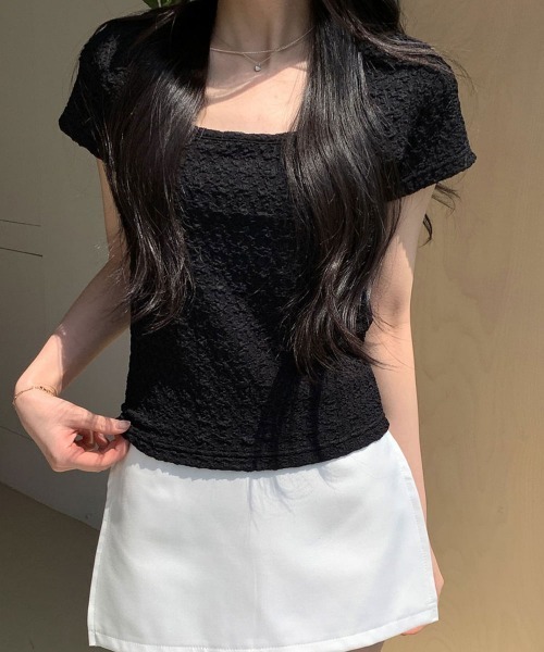 NANAHACHI（ナナハチ）の「ポコポコ シアー半袖トップス（Tシャツ/カットソー・レディース・アイボリー/ブラック/クリーム・FREE）」の7枚目の写真