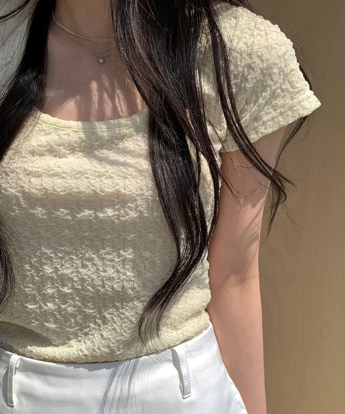 NANAHACHI（ナナハチ）の「ポコポコ シアー半袖トップス（Tシャツ/カットソー・レディース・アイボリー/ブラック/クリーム・FREE）」の11枚目の写真