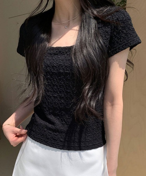 NANAHACHI（ナナハチ）の「ポコポコ シアー半袖トップス（Tシャツ/カットソー・レディース・アイボリー/ブラック/クリーム・FREE）」の6枚目の写真
