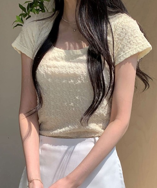 NANAHACHI（ナナハチ）の「ポコポコ シアー半袖トップス（Tシャツ/カットソー・レディース・アイボリー/ブラック/クリーム・FREE）」の9枚目の写真