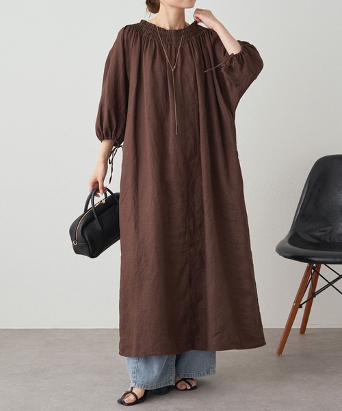 PUAL CE CIN（ピュアルセシン）の「リネンワンピース（ワンピース・レディース・ブラック/ダークブラウン・FREE）」の4枚目の写真