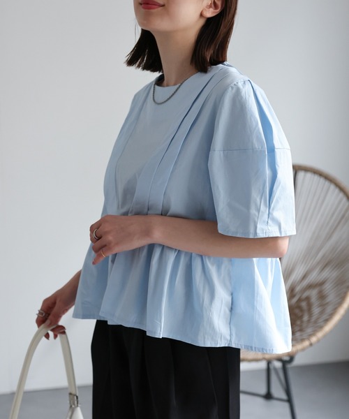 sakishimatokyo(サキシマトーキョー)の「ランタンスリーブペプラムブラウス/綿100%(シャツ/ブラウス・レディース・オフホワイト/ブルー・FREE)」の1枚目の写真