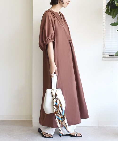 【美品】sov.ソブ タイプライター ギャザー ワンピース ロング丈　茶　S セール】SHIPS any:〈洗濯機可能〉タイプライター ベルト