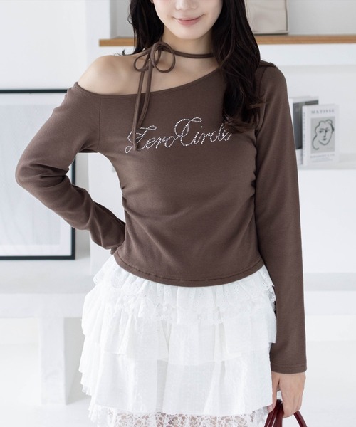 clear（クリア）の「レースフリルロゴ入りレイヤード風長袖カットソー［韓国ファッション ガーリー］（Tシャツ/カットソー・レディース・ブラック/アイボリー/ブラウン/グレー・F）」の4枚目の写真