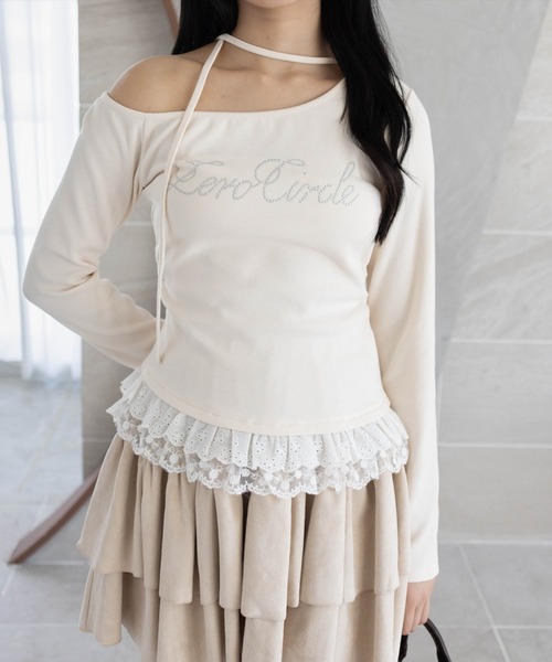 clear（クリア）の「レースフリルロゴ入りレイヤード風長袖カットソー［韓国ファッション ガーリー］（Tシャツ/カットソー・レディース・ブラック/アイボリー/ブラウン/グレー・F）」の2枚目の写真