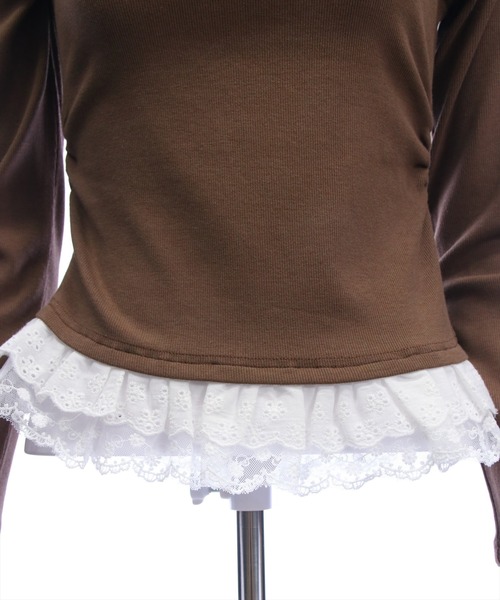 clear（クリア）の「レースフリルロゴ入りレイヤード風長袖カットソー［韓国ファッション ガーリー］（Tシャツ/カットソー・レディース・ブラック/アイボリー/ブラウン/グレー・F）」の17枚目の写真