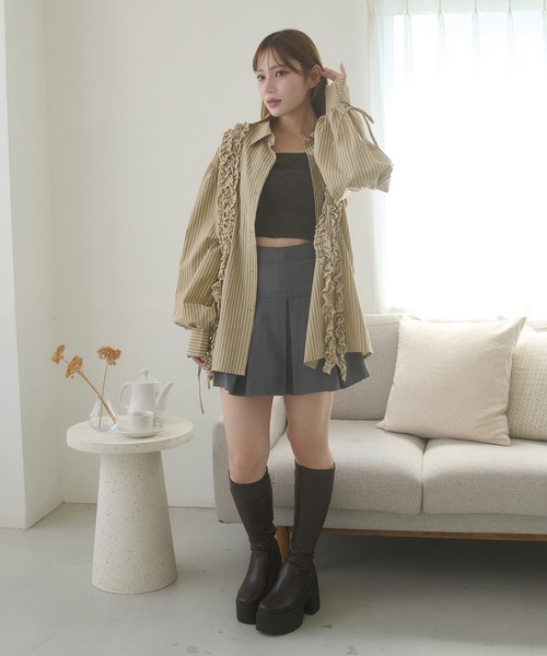 Ambre Neige（アンブルネージュ）の「stripe flill over shirt tunic / ストライプフリルオーバーシャツチュニック（シャツ/ブラウス・レディース・ベージュ/ダークブラウン/サックスブルー・FREE）」の8枚目の写真