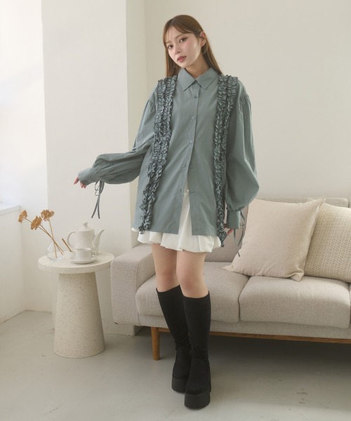 Ambre Neige（アンブルネージュ）の「stripe flill over shirt tunic / ストライプフリルオーバーシャツチュニック（シャツ/ブラウス・レディース・ベージュ/ダークブラウン/サックスブルー・FREE）」の22枚目の写真