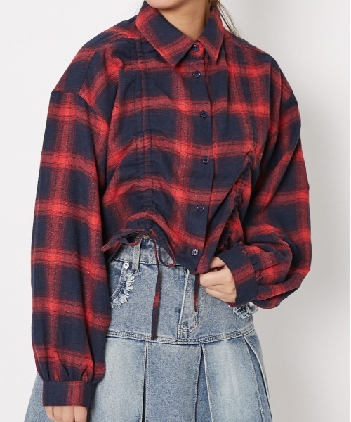 GORGE(ゴージ)の「《裾ドロスト×チェック柄》レディース シャツ 長袖 ブラウス 体型カバー 春秋冬(シャツ/ブラウス・レディース・ブラック/ブルー/レッド・F)」の1枚目の写真