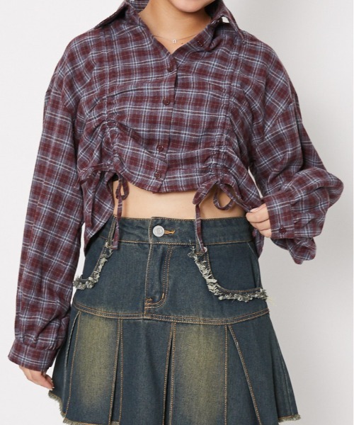 GORGE(ゴージ)の「《裾ドロスト×チェック柄》レディース シャツ 長袖 ブラウス 体型カバー 春秋冬(シャツ/ブラウス・レディース・ブラック/ブルー/レッド・F)」の7枚目の写真