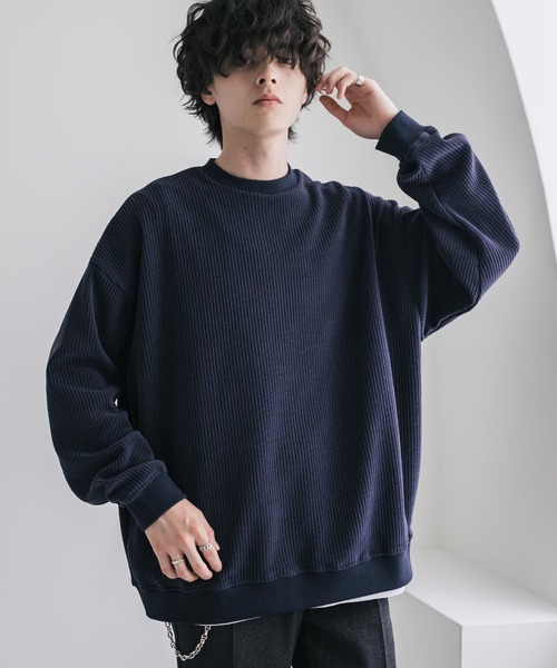 Rocky Monroe（ロッキーモンロー）の「新色追加 オーバーサイズカットコーデュロイ・スエードクルーネック長袖プルオーバー（スウェット・メンズ・チャコール/ネイビー/ブラウン/ブラック/アイボリー/ブラウン系/ブラック系/ワイン・M/L/XL）」の9枚目の写真