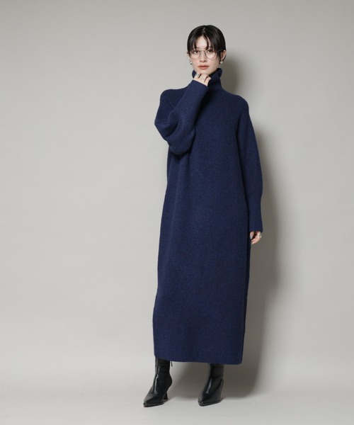 セール】エアリーヤーン畦編タートルニットマキシワンピース