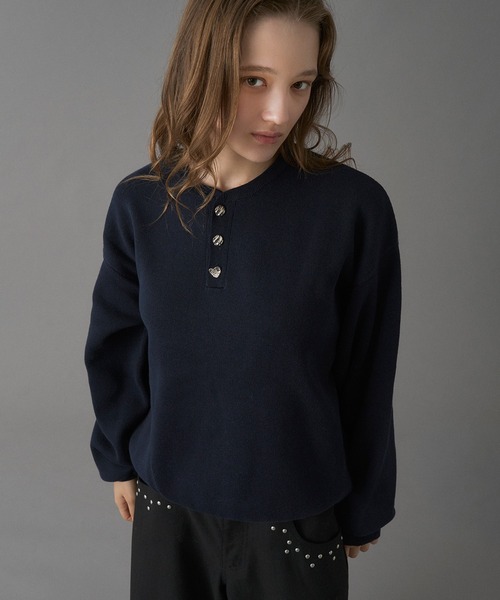 セール】SILVER BUTTON HENRY NECK KNIT / シルバーボタンヘンリー