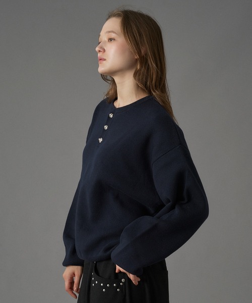 Graphpaper ネイビー ヘンリーネックニット セール】SILVER BUTTON HENRY NECK KNIT / シルバーボタンヘンリー