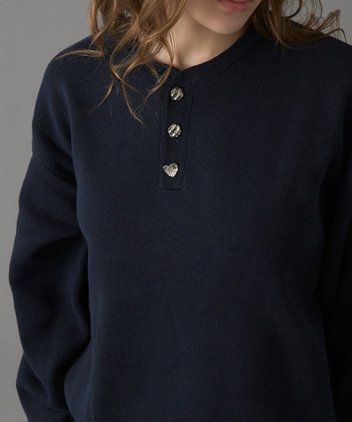 セール】SILVER BUTTON HENRY NECK KNIT / シルバーボタンヘンリー