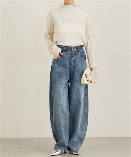 nissen（ニッセン）の「袖配色メローネックトップス（Tシャツ/カットソー・レディース・アイボリー/グレイッシュベージュ/チャコール・M/L）」の5枚目の写真