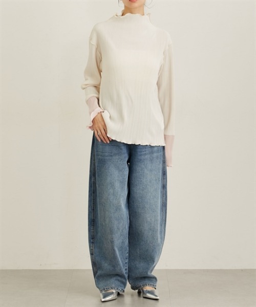 nissen（ニッセン）の「袖配色メローネックトップス（Tシャツ/カットソー・レディース・アイボリー/グレイッシュベージュ/チャコール・M/L）」の7枚目の写真