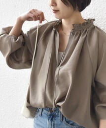 〈手洗い可能〉シアー タンブラー リボン デザイン 長袖 ブラウス