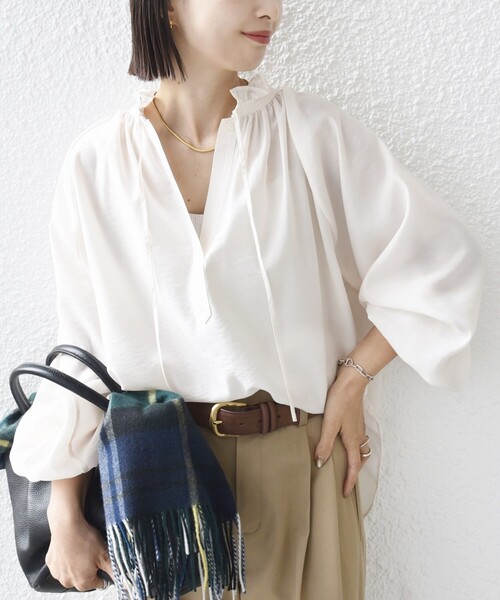 手洗い可能〉シアー タンブラー リボン デザイン 長袖 ブラウス