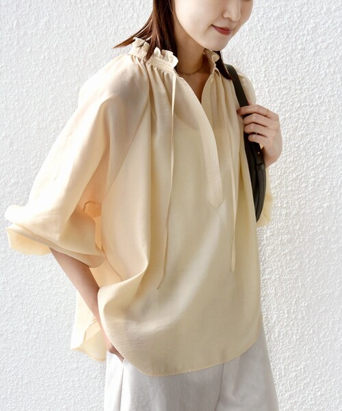 手洗い可能〉シアー タンブラー リボン デザイン 長袖 ブラウス