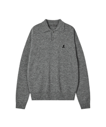WOOL POLO KNIT TOP - CHARCOAL