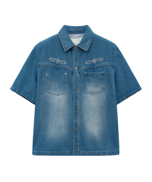 UNGIMMICK(アンジミック)の「WESTERN DENIM SHORT SLEEVE SHIRT (BLUE)(シャツ/ブラウス・メンズ・その他・MEDIUM/LARGE)」の1枚目の写真