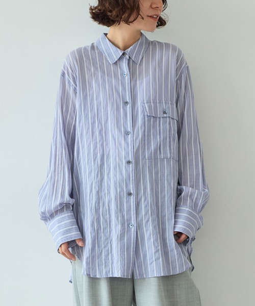 yuni（ユニ　）の「●キュプラポリエステルコットン stripe oversized シャツ（シャツ/ブラウス・レディース・パープル/アイボリー/グリーン・FREE）」の3枚目の写真