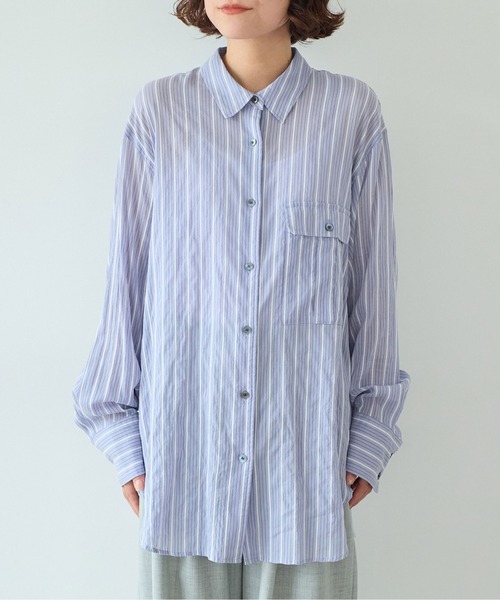 yuni（ユニ　）の「●キュプラポリエステルコットン stripe oversized シャツ（シャツ/ブラウス・レディース・パープル/アイボリー/グリーン・FREE）」の13枚目の写真