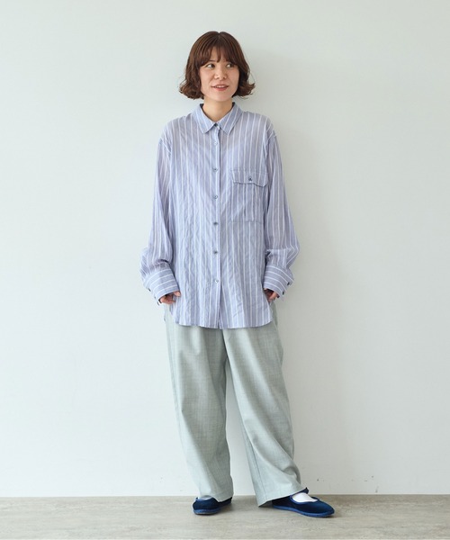 yuni（ユニ　）の「●キュプラポリエステルコットン stripe oversized シャツ（シャツ/ブラウス・レディース・パープル/アイボリー/グリーン・FREE）」の4枚目の写真