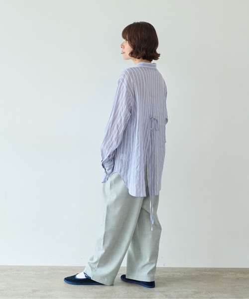 yuni（ユニ　）の「●キュプラポリエステルコットン stripe oversized シャツ（シャツ/ブラウス・レディース・パープル/アイボリー/グリーン・FREE）」の6枚目の写真