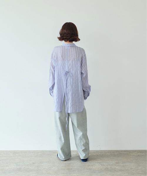 yuni（ユニ　）の「●キュプラポリエステルコットン stripe oversized シャツ（シャツ/ブラウス・レディース・パープル/アイボリー/グリーン・FREE）」の8枚目の写真