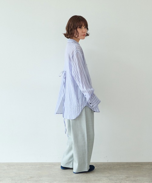 yuni（ユニ　）の「●キュプラポリエステルコットン stripe oversized シャツ（シャツ/ブラウス・レディース・パープル/アイボリー/グリーン・FREE）」の9枚目の写真