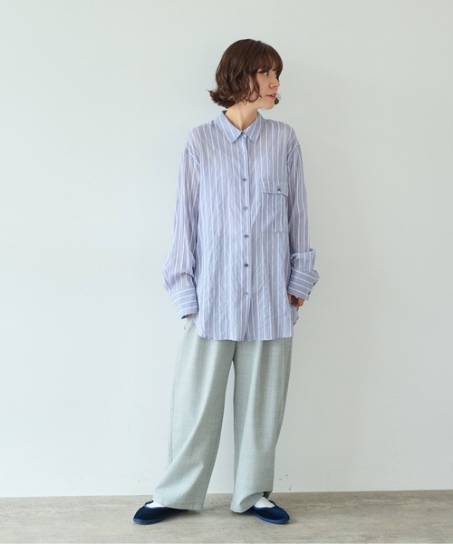 yuni（ユニ　）の「●キュプラポリエステルコットン stripe oversized シャツ（シャツ/ブラウス・レディース・パープル/アイボリー/グリーン・FREE）」の5枚目の写真