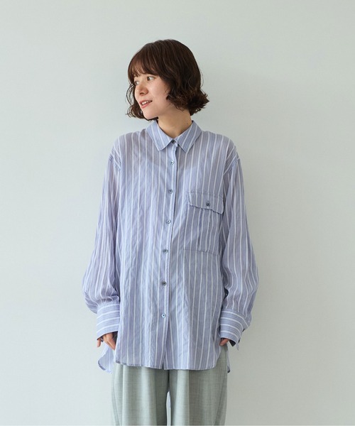 yuni（ユニ　）の「●キュプラポリエステルコットン stripe oversized シャツ（シャツ/ブラウス・レディース・パープル/アイボリー/グリーン・FREE）」の10枚目の写真