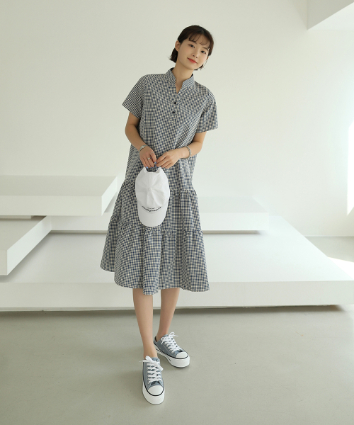 BBAEBBAE(ペッペ)の「ワッフル半オープンチェックロングワンピース(ワンピース・レディース・ブルー/マスタード・FREE)」の7枚目の写真