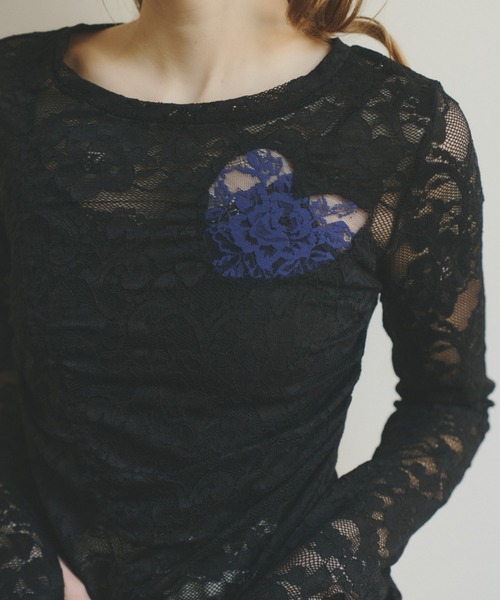 idem（イデム）の「heart lace long sleeve tops / ハート切り替えレーストップス（Tシャツ/カットソー・レディース・ブラック/ホワイト・FREE）」の2枚目の写真