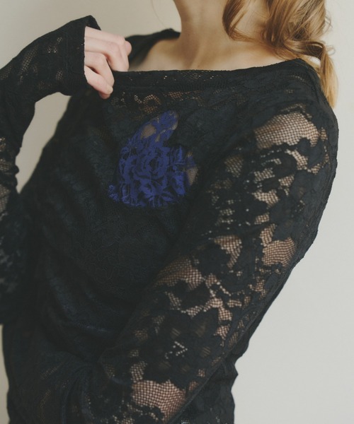 idem（イデム）の「heart lace long sleeve tops / ハート切り替えレーストップス（Tシャツ/カットソー・レディース・ブラック/ホワイト・FREE）」の4枚目の写真