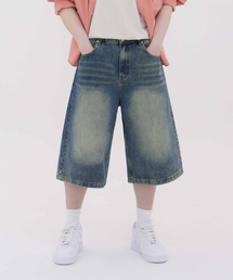 ACSHI（アクシ）の「夏バミューダワイド7部ウォッシングデニムパンツユニセックス（イエロー ティン）（その他パンツ）」