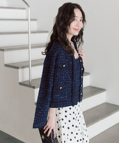 La boutique BonBon（ラブティックボンボン）の「【今すぐお届け！・アンサンブル可】ファンシーツイードニットジャケットカーディガン（ニット/セーター・レディース・ピンク/オフホワイト/ネイビー・FREE）」の4枚目の写真