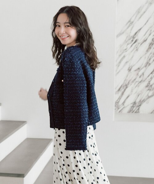 La boutique BonBon（ラブティックボンボン）の「【今すぐお届け！・アンサンブル可】ファンシーツイードニットジャケットカーディガン（ニット/セーター・レディース・ピンク/オフホワイト/ネイビー・FREE）」の5枚目の写真