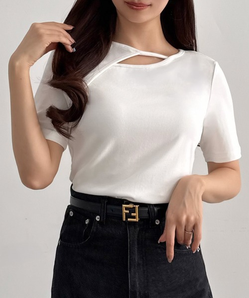 CENEA（セネア）の「薄手カットアウトデザイン半袖カットソー（Tシャツ/カットソー・レディース・ブラック/チャコール/ホワイト・LARGE/MEDIUM/SMALL）」の2枚目の写真