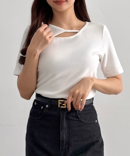 CENEA（セネア）の「薄手カットアウトデザイン半袖カットソー（Tシャツ/カットソー・レディース・ブラック/チャコール/ホワイト・LARGE/MEDIUM/SMALL）」の8枚目の写真