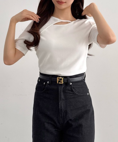 CENEA（セネア）の「薄手カットアウトデザイン半袖カットソー（Tシャツ/カットソー・レディース・ブラック/チャコール/ホワイト・LARGE/MEDIUM/SMALL）」の10枚目の写真