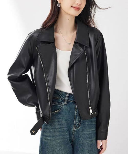gossip!ロサンゼルス(ゴシップロサンゼルス)の「【サイズあり】合成皮革ショート丈 ライダースジャケット(ライダースジャケット・レディース・ブラック・M/L)」の1枚目の写真